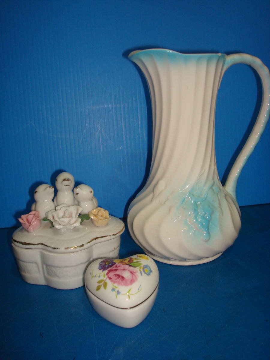 水差し+小鳥とバラの収納+ハート型収納 陶器製3点 Tk12拍卖