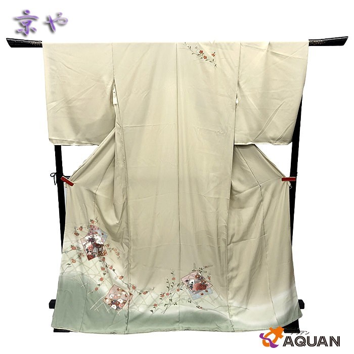 セール アウトレット展示品 京やN043 正絹 反物 訪問着 仮絵羽 八掛付 ちりめん 牡丹 菊 桔梗 紅葉 未仕立て リサイクル着物 新古品拍卖