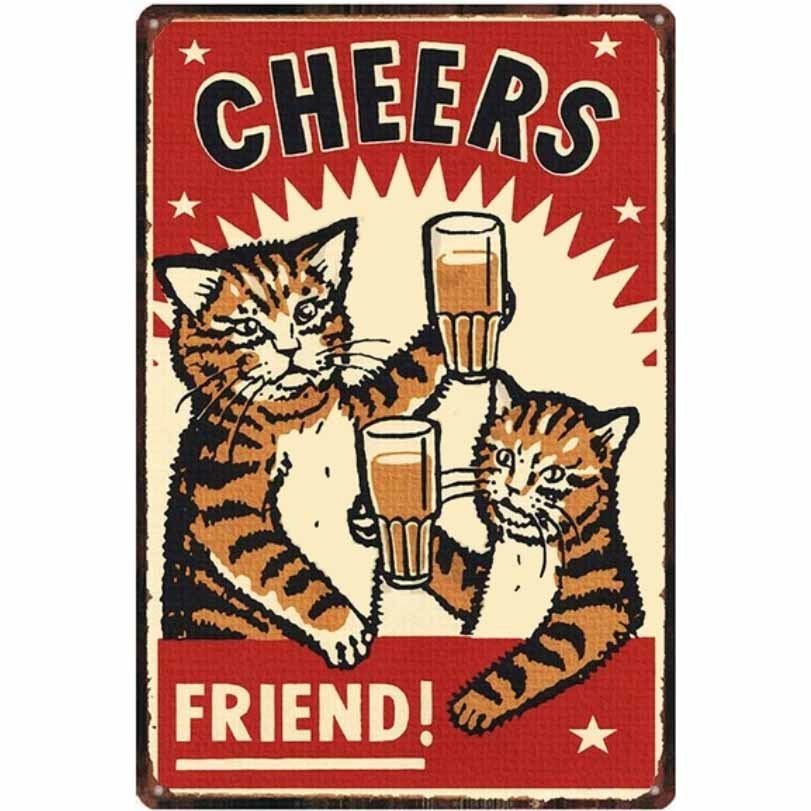 A3297 メタル サイン ブリキ 看板 金属 製 プレート アート パネル 店 動物 ペット 茶 トラ 猫 ビール 酒 バー 乾杯 7101拍卖