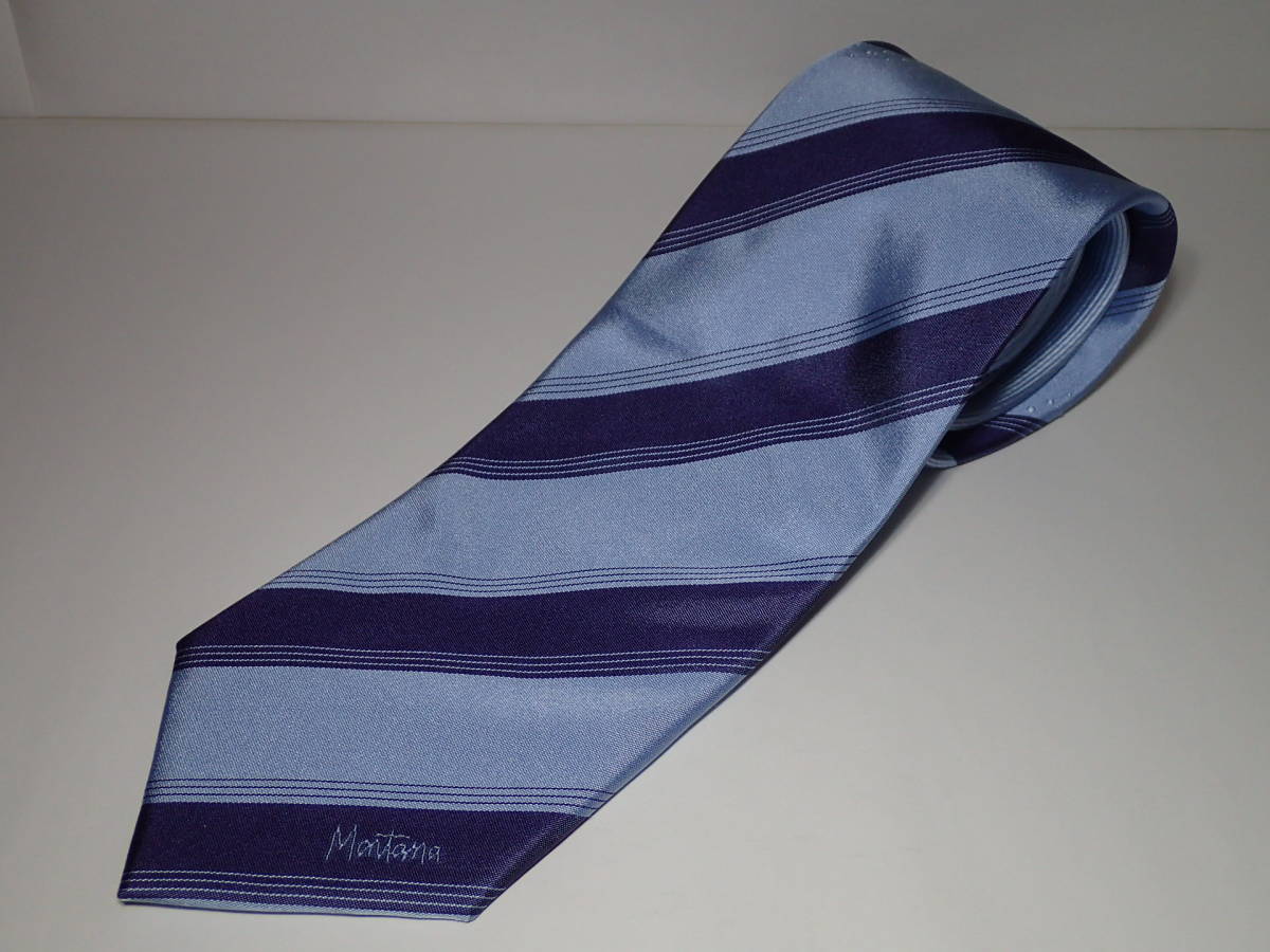 MANTANA モンタナ ネクタイ 紺色×水色 ブルー ストライプ シルク 幅:約9.2㎝ 拍卖