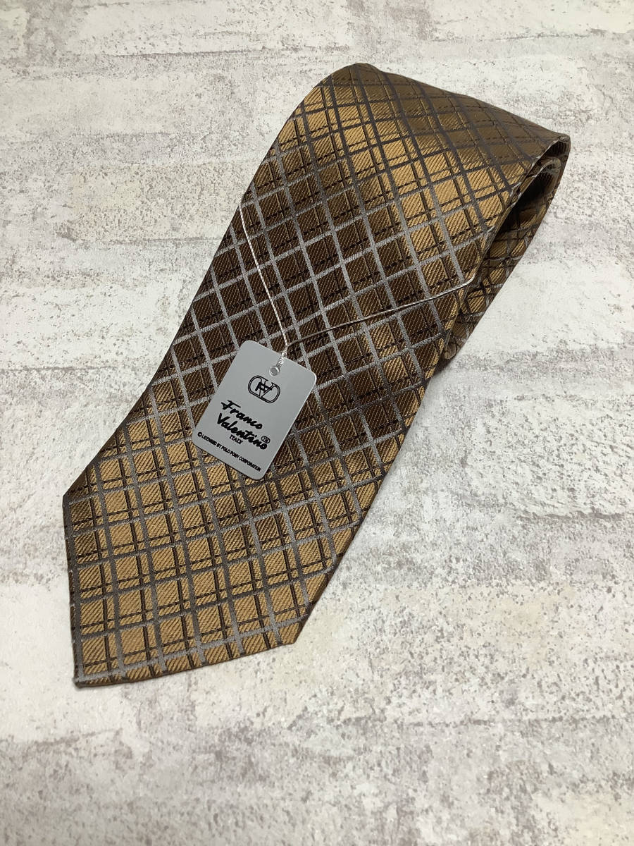 新品フランコヴァレンチノ 黄土色チェック柄 薄い芯入り シルク100%ネクタイ お買い得サービス拍卖