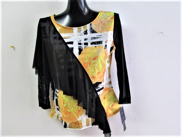 新品◎社交ダンストップス ◎ヒラヒラ 薔薇プリント 素敵 キラキラストーンちりばめ拍卖