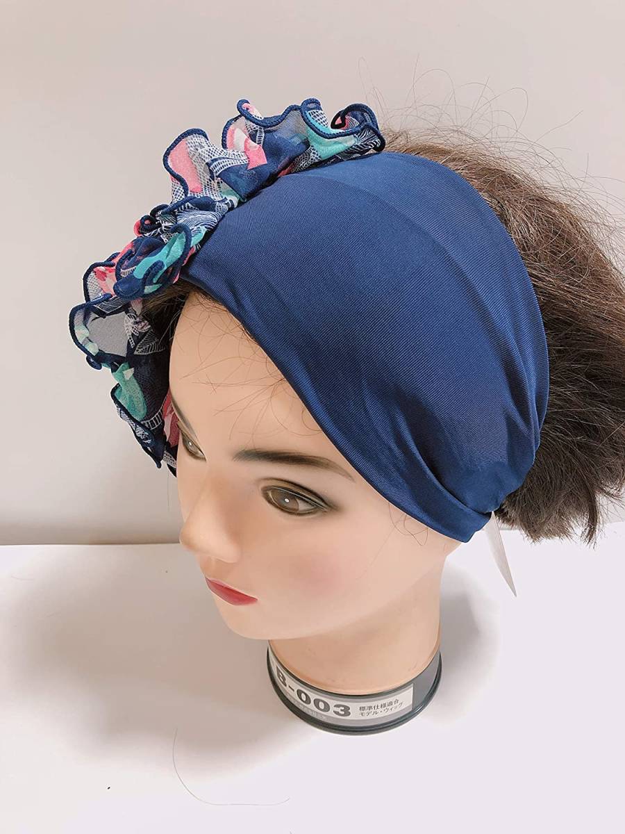 新品◎送料無料◎ヘアーバンド ターバン でネックスカーフ ◎プリント花Xネイビー拍卖