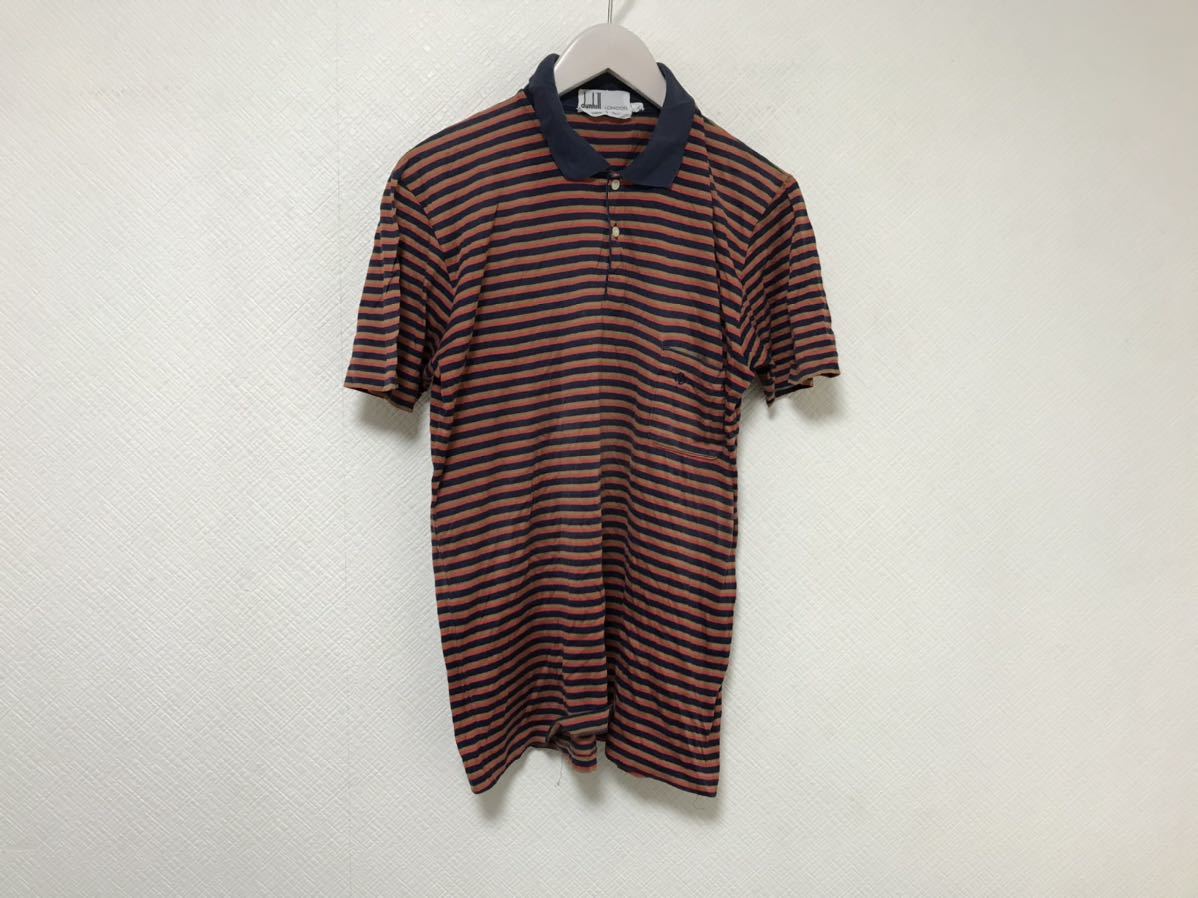 本物ダンヒルdunhillコットンボーダー柄半袖ポロシャツ紺ネイビーメンズMスーツビジネスインナーイタリア製ゴルフ拍卖