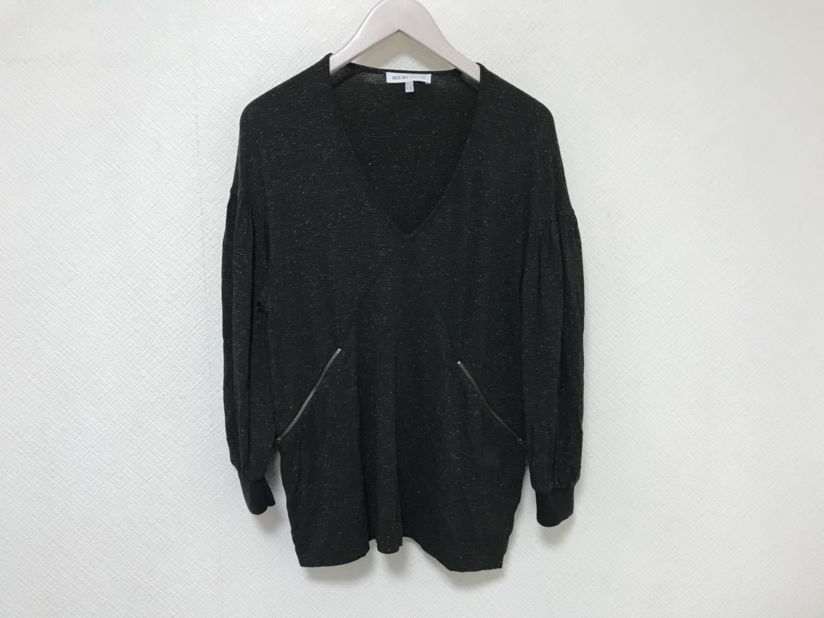 美品本物シーバイクロエseebyChloeレーヨンストレッチラメ柄長袖ロングTシャツレディースXL黒ブラック42イタリア製拍卖