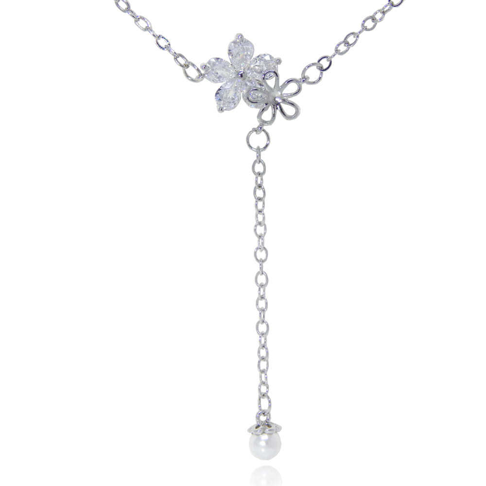 新品★送料無料 絢爛 厳選 ジルコニア 2連フラワー CZダイヤモンドネックレス レディースアクセサリー シルバー925 限定 プラチナ仕上拍卖