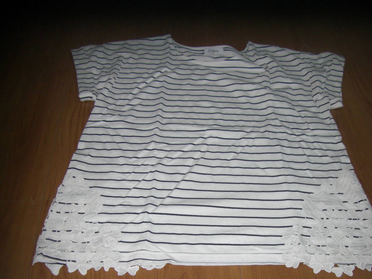 ネイビー L ボーダーレースTシャツ 白×紺色拍卖