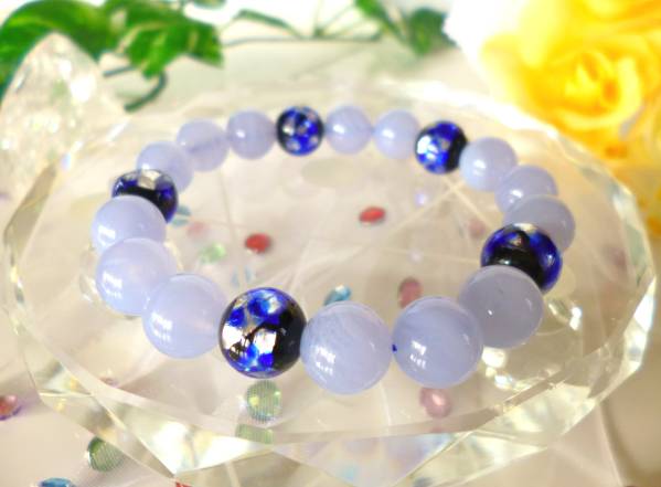 ☆トラウマの癒し☆リラックスヒーリング☆高品質AAA☆ブルーカルセドニー☆ ☆とんぼ玉☆ホタルガラス☆ ☆10mm☆ ☆16cm☆拍卖
