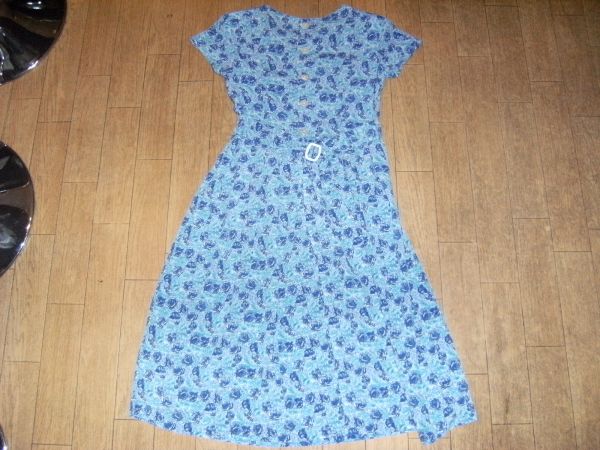 昭和レトロ,日本製★お嬢様,チュニック,ワンピース ★青×花柄拍卖