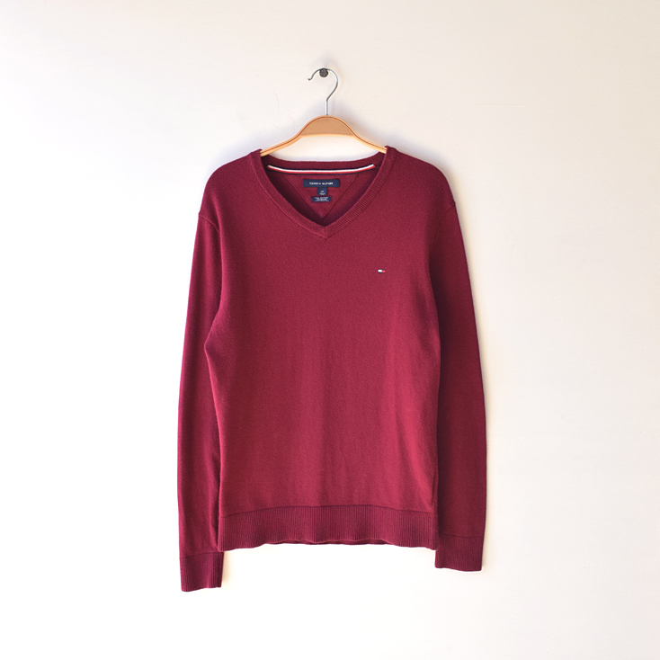 【送料無料】トミーヒルフィガー カシミア ピマコットン Vネック セーター ボルドー メンズS TOMMY HILFIGER 古着 CH0698拍卖