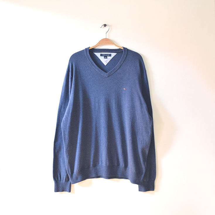【送料無料】トミーヒルフィガー コットンニット Vネック セーター ネイビー メンズXL TOMMY HILFIGER CH0715拍卖