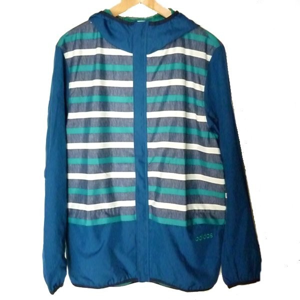 新品未使用◆送料無料●(メンズL)アディダス adidas 青ボーダーウインドブレーカー/定価7452円/メッシュ状裏地/フード付き拍卖