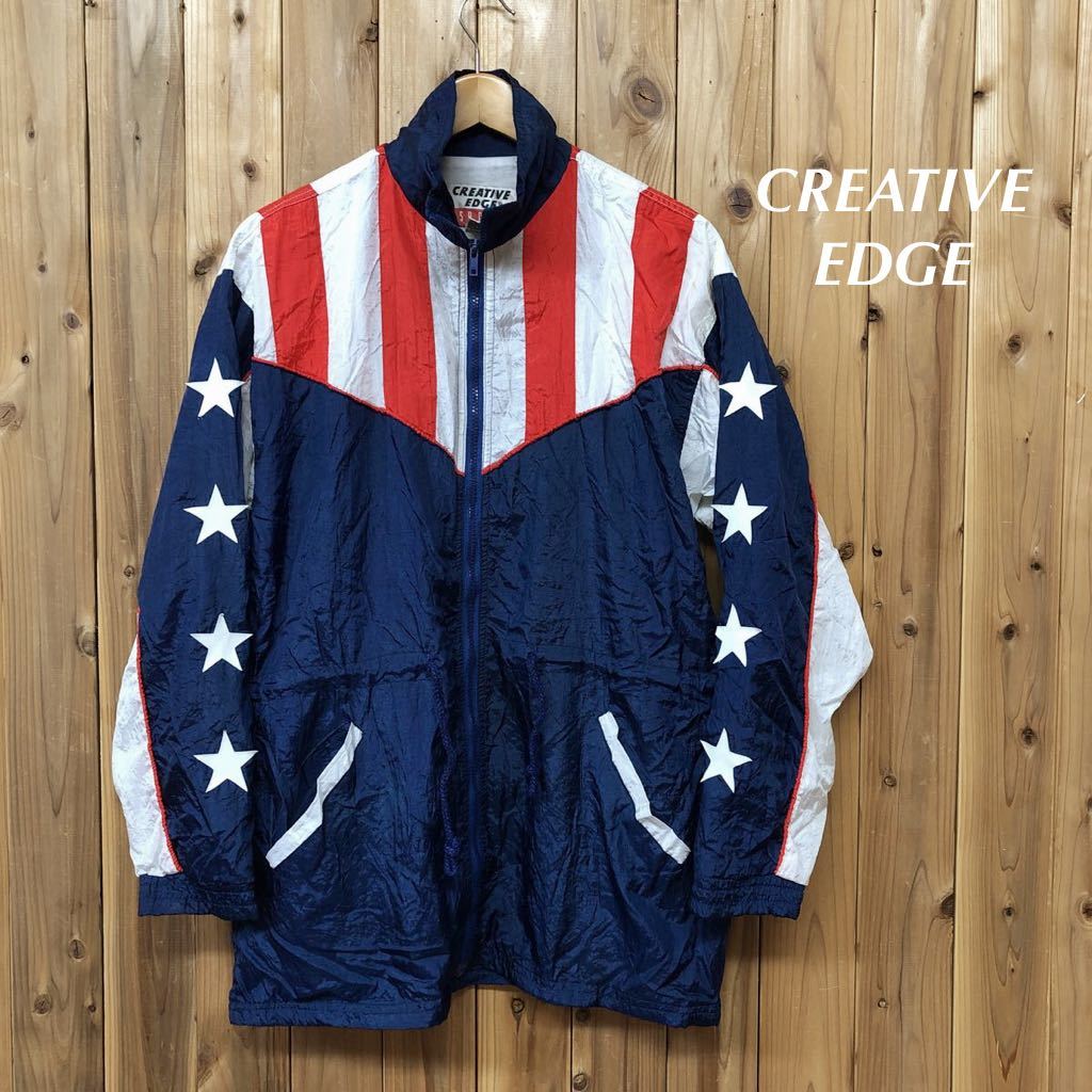 CREATIVE EDGE/SPORT◇ナイロンジャケット 長袖 丈長め ジップアップ 星条旗 アメカジ スポーツ ストリート アウトドア USA古着 メンズS拍卖