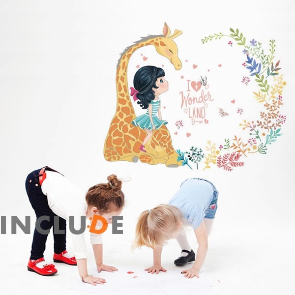 ウォールステッカー キリンと女の子 愛情 キリンのお母さん コミック アイビー ハート ファンタジー ファンシー 不思議拍卖