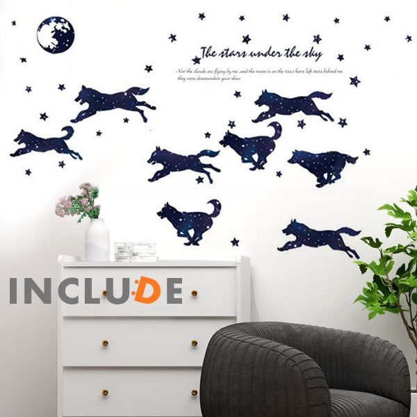 ウォールステッカー 月夜 星 夜空 ウルフ 狼 オオカミ 夜空と星と狼 コヨーテ オオカミの群れ 綺麗 月氏 西斗拍卖