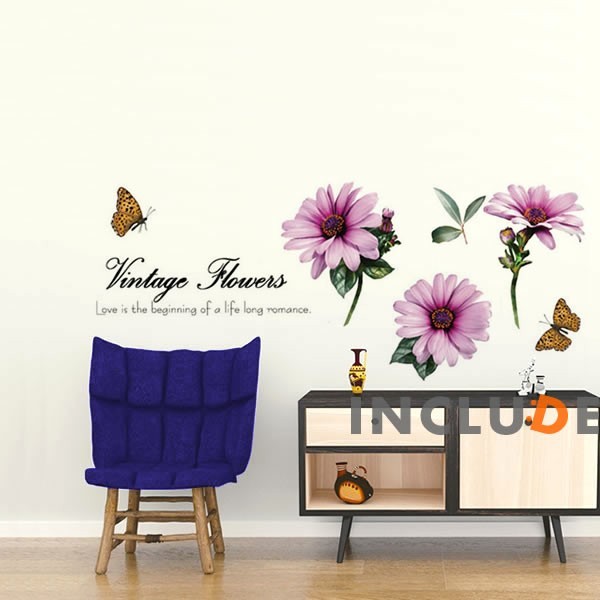 ウォールステッカー フラワーアレンジメント ガーベラ ヴィンテージ フラワー キク ピンク パープル ピンクベージュ拍卖
