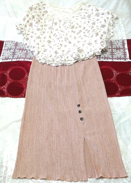 白コットン花柄ポンチョチュニック ネグリジェ ピンクベージュマキシスカート 2P White cotton tunic negligee pink beige maxi skirt拍卖