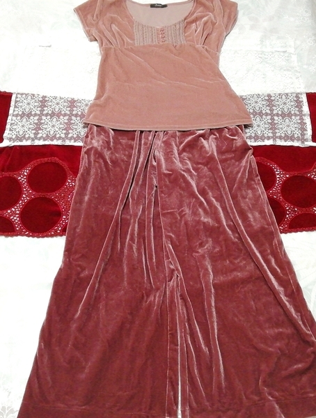 ピンク半袖チュニック ネグリジェ ローズレッドベロアスカーチョ 2P Pink tunic negligee rose red purple luster velour scarcho pants拍卖