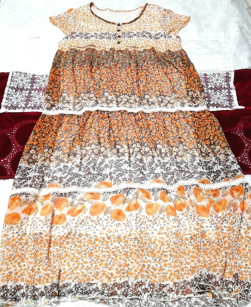 オレンジ茶色花柄シフォン半袖ロングチュニック ネグリジェ ワンピース Orange brown floral chiffon long tunic negligee dress拍卖