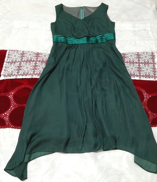 深緑シフォンサテン帯 ネグリジェ ナイトウェア ノースリーブワンピースドレス Dark green chiffon negligee nightwear sleeveless dress拍卖