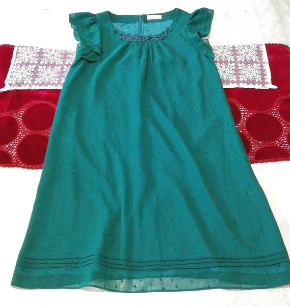 緑フリルシフォンノースリーブチュニック ネグリジェ ワンピースドレス Green ruffle chiffon sleeveless tunic negligee dress拍卖