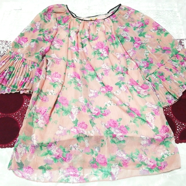 亜麻色ピンク着物風花柄長袖チュニックネグリジェ Flax color kimono style pink floral long sleeve tunic negligee dress拍卖