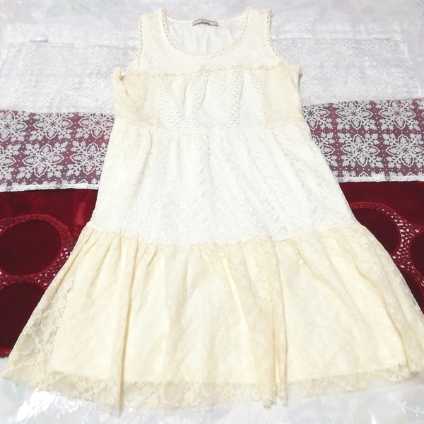 フローラルホワイト亜麻色レースリボンノースリーブ ネグリジェ ワンピース Floral white flax lace ribbon sleeveless negligee dress拍卖