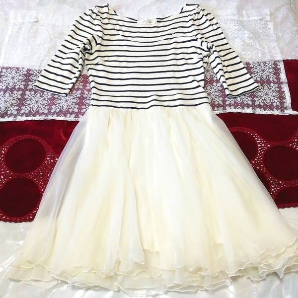 白黒縞々チュールスカート半袖フリルチュニック ネグリジェ ワンピース Black white striped tulle skirt tunic negligee nightwear dress拍卖