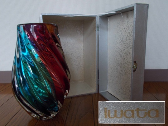 IWATA 岩田工芸硝子 工芸硝子 花瓶 色ガラス インテリア 赤x青xオレンジのマーブル レトロ 値下げ交渉あり拍卖