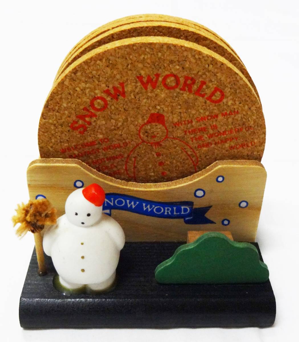 木製・コルク製、雪だるまが付いたコースター立てとコースター5枚セット、SNOW WORLD、GLORY FAMIRY拍卖