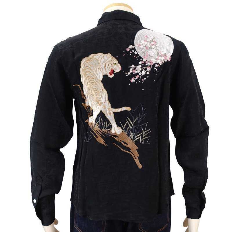 花旅楽団/桜虎/刺繍ジャガードシャツ/ブラック/XXL/LS-002/サトリ拍卖