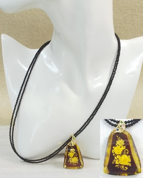 ★最終80%OFF 琥珀 天然石 ネックレス グリーンアンバー インタリオ彫り 不定型 薔薇 2連48cm K18★AT1553-35拍卖