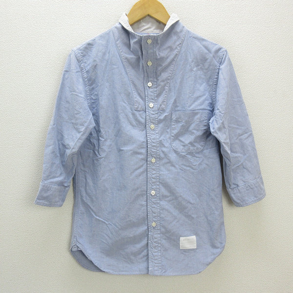 s■日本製■シップス/SHIPS JET BLUE ノーカラー 七分袖 オックスフォードシャツ【L】水色 /MENS/64【中古】拍卖