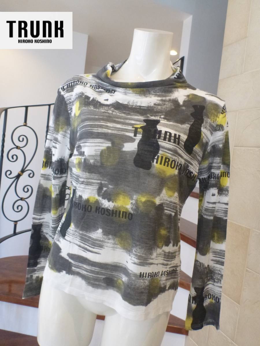 美品 TRUNK HIROKO KOSHINO★グレー×白×黄色 薄手 長袖 セーター 40 L相当 ヒロココシノ拍卖