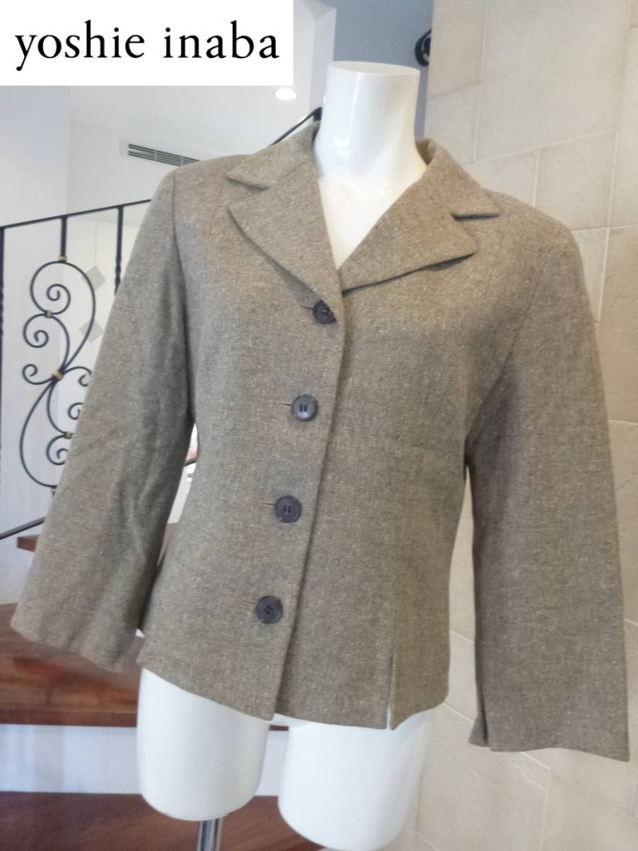 美品 yoshie inaba | ヨシエイナバ ★ブラウン系ツイード スリット ジャケット 11 L相当拍卖