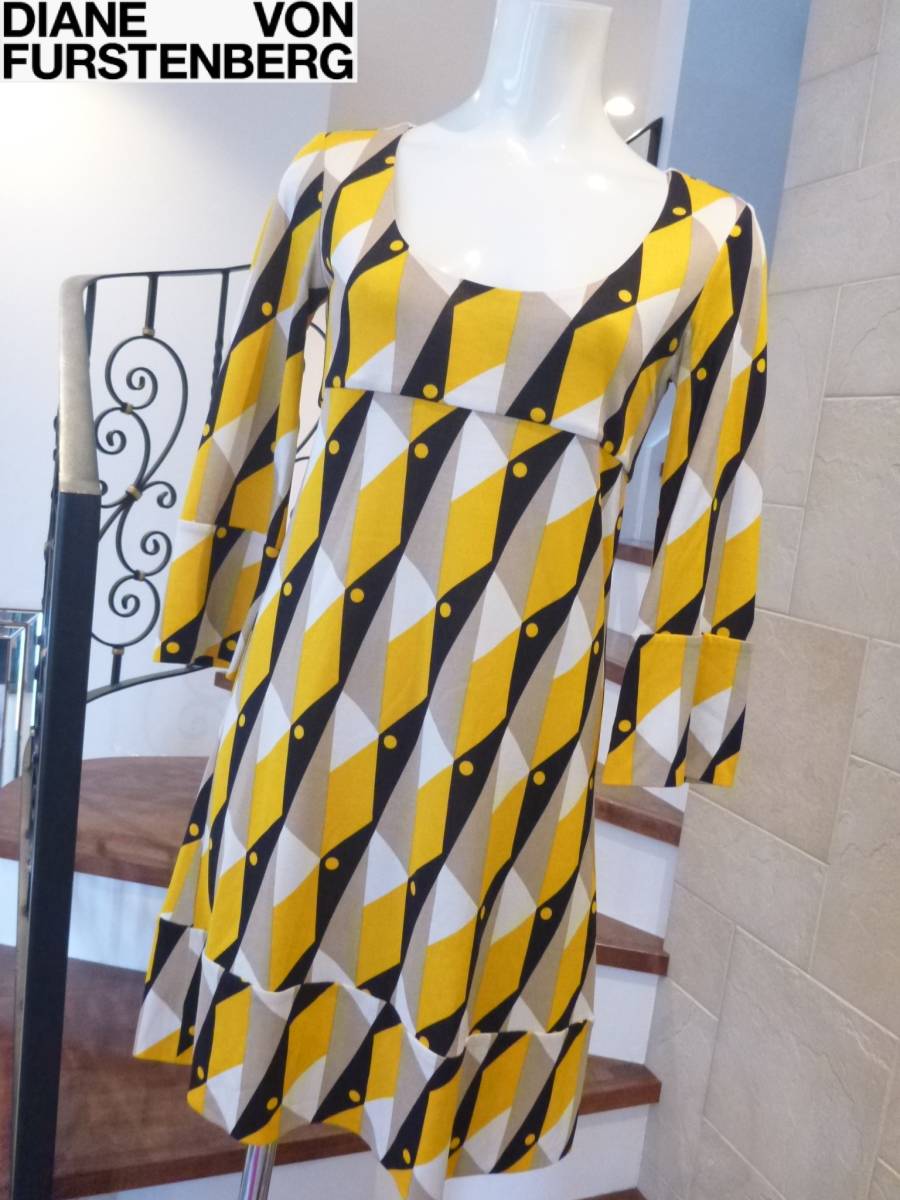 超美品 DIANE von FURSTENBERG ダイアンフォンファステンバーグ ★黒×ベージュ×白×黄色 長袖 シルク ワンピース 0 S相当拍卖