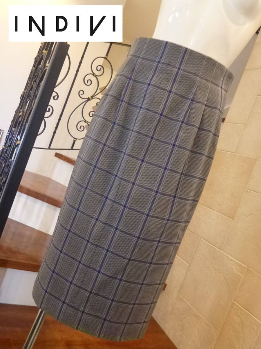 2万 未使用 INDIVI(インディヴィ)インディビ ★日本製 グレー チェック柄 ハイウエスト ロングスカート 40 L相当拍卖