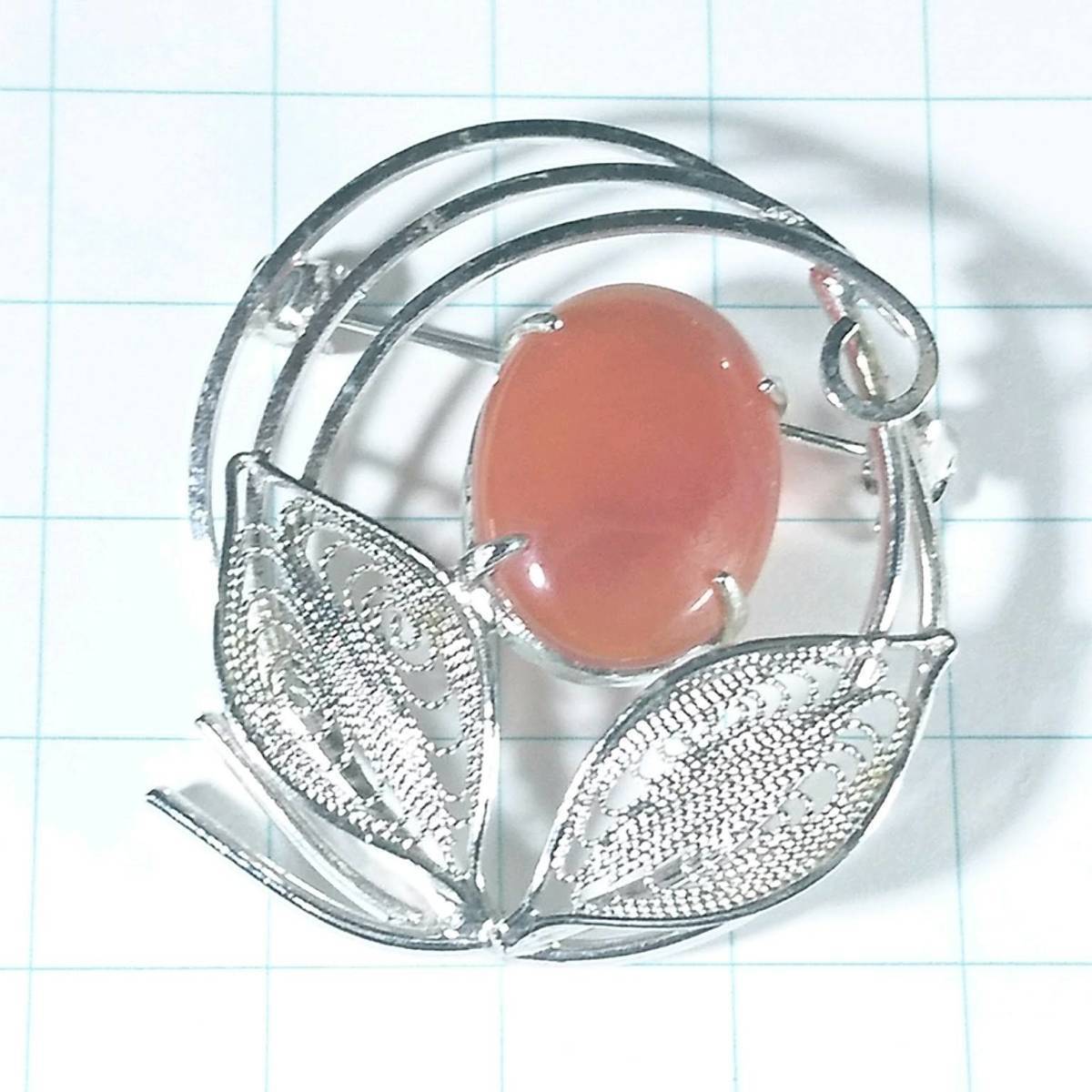 送料無料)ビンテージ☆カーネリアン一粒石☆草花モチーフ☆アンティークブローチ A04509拍卖