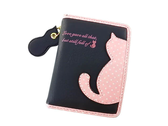 ネコ財布 手のひらに収まる お座りネコ 2分別タイプ 11.5x9.5x3.5cm ブラック拍卖