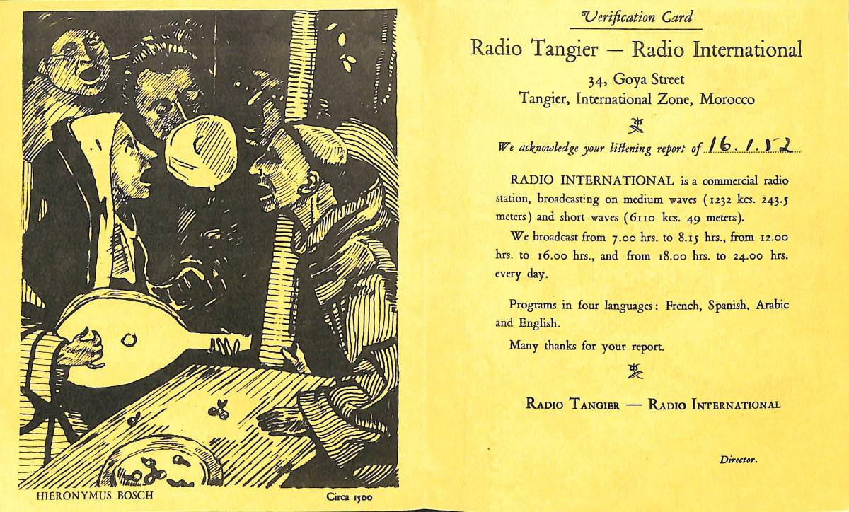 ②即決★送料込★BCL★廃局★入手困難ベリカード★RADIO-TANGER★ラジオ・タンジール★北アフリカ★モロッコ★1952年 拍卖