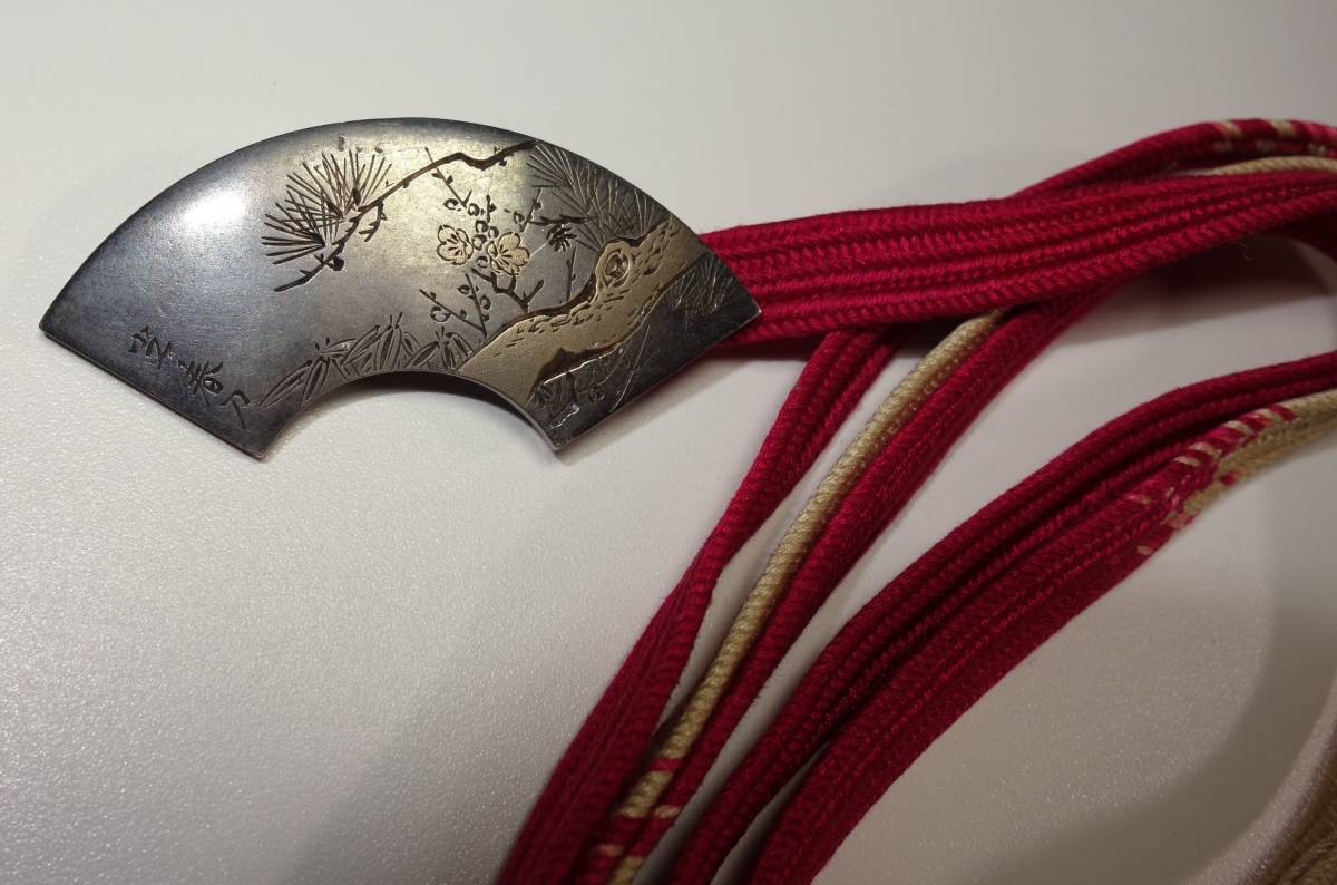 江戸期刀彫金職人 銀製 縁起物 松竹梅図 極上 呉服飾り拍卖