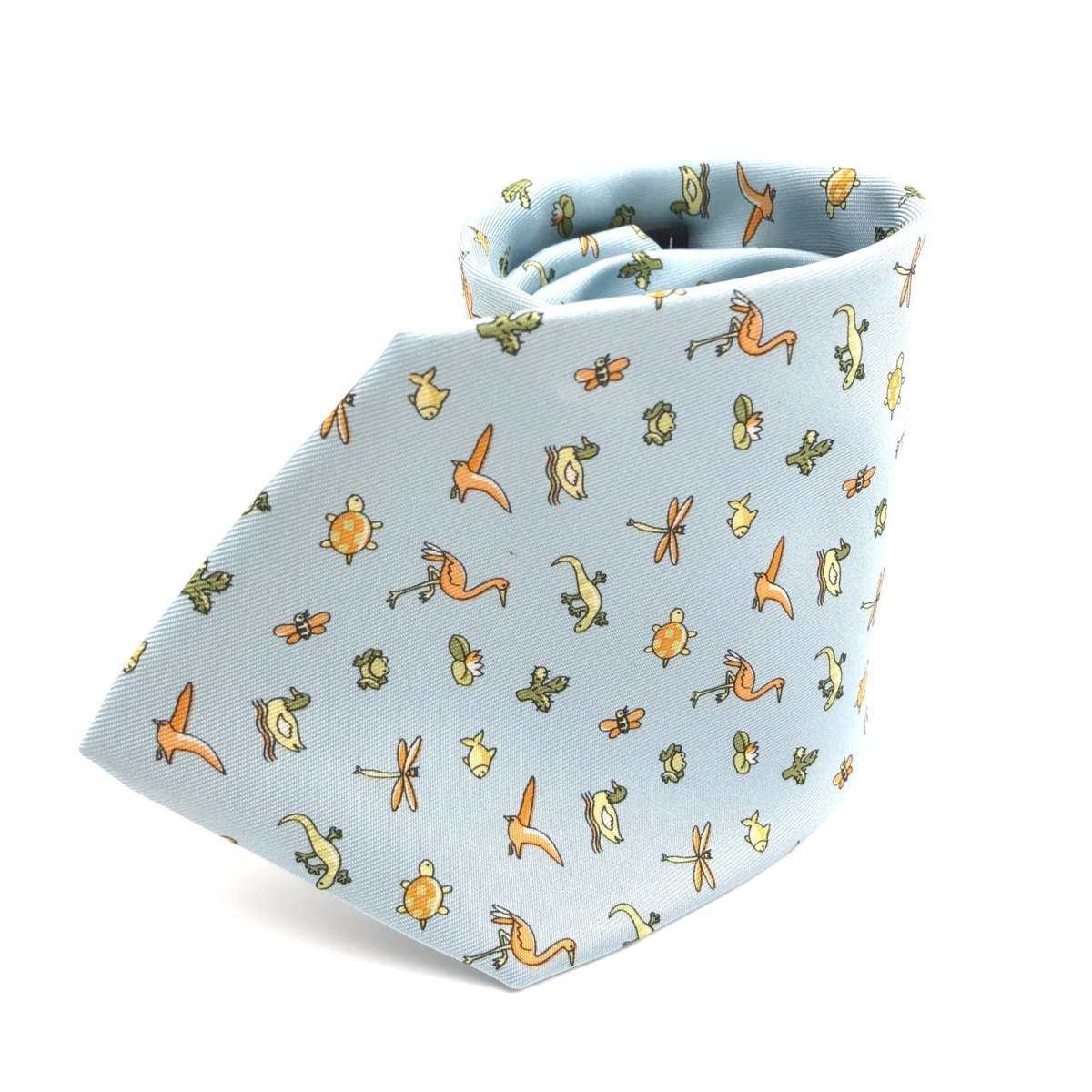 送料無料 サルヴァトーレフェラガモ ネクタイ トリ柄 カメ柄 カエル柄 動物柄 総柄 正装 服飾 小物 絹 シルク100% 伊製 水色系 メンズ拍卖