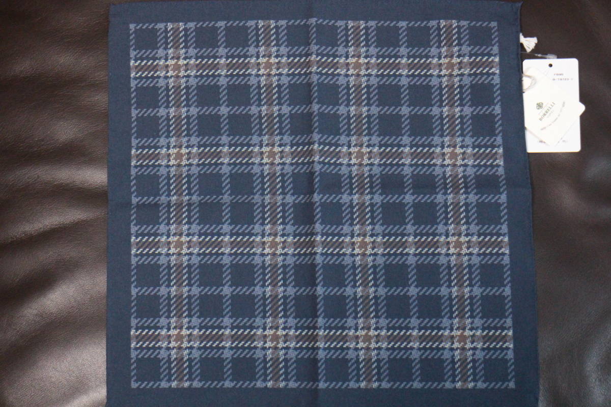 ルイジボレッリ新品ポケットチーフ超モダンシックネイビー*ブルー*ブラウン幾何学調タッターソールチェックハンドメイド使い勝手抜群拍卖