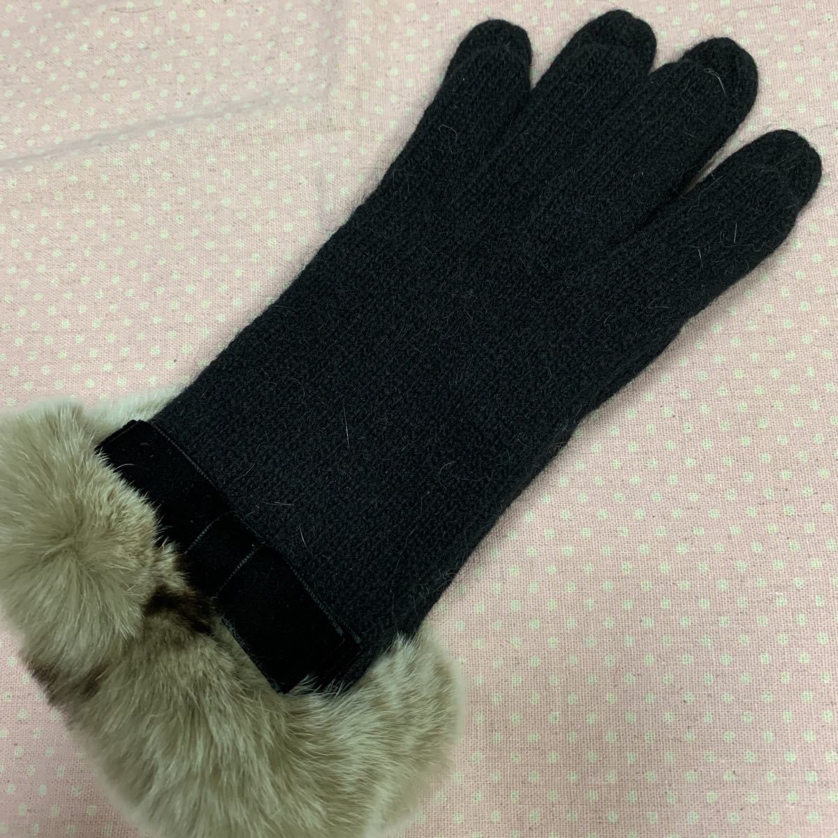 ランバン 手袋 ニット 黒 リボン拍卖