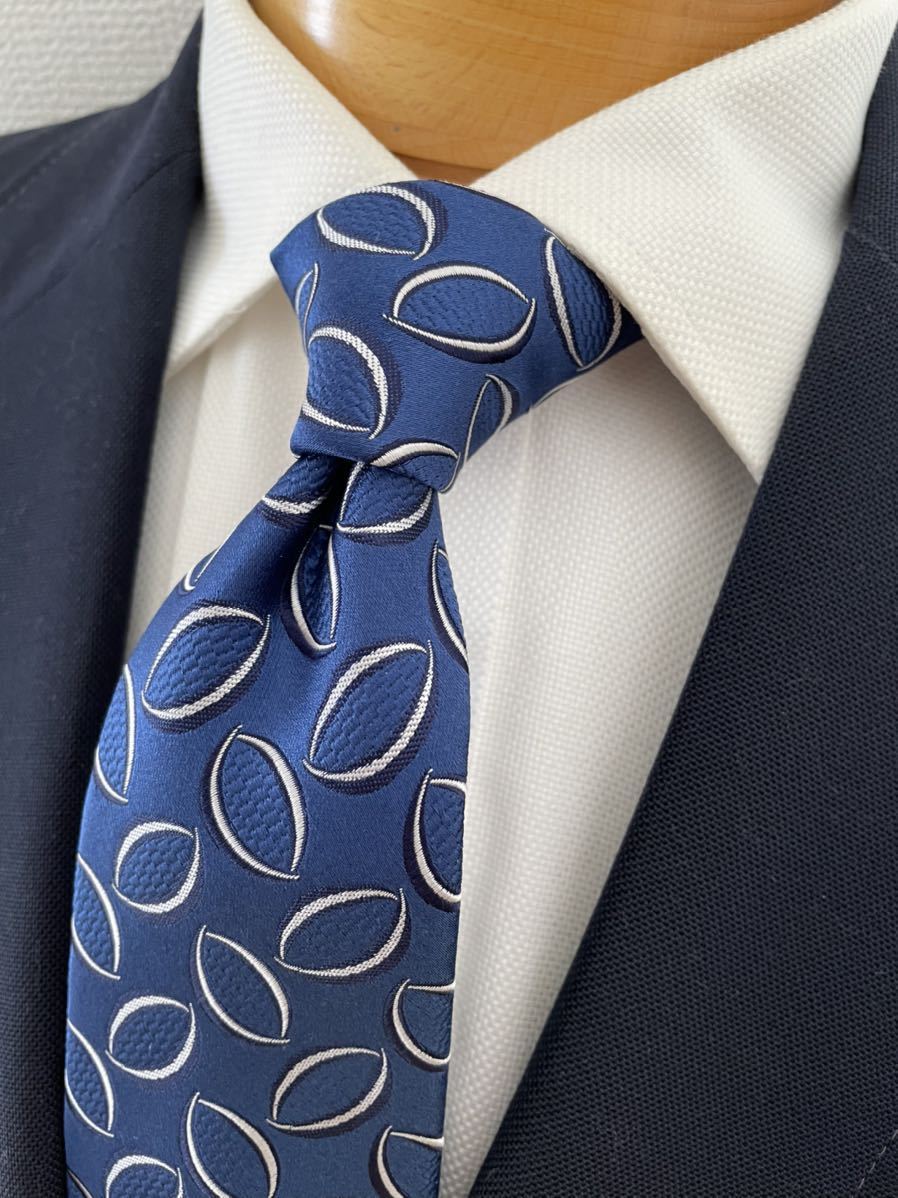 【美品】永島服飾ネクタイ 光沢シルク 日本製 大剣約8.5cm ブルー系 anniversaire拍卖