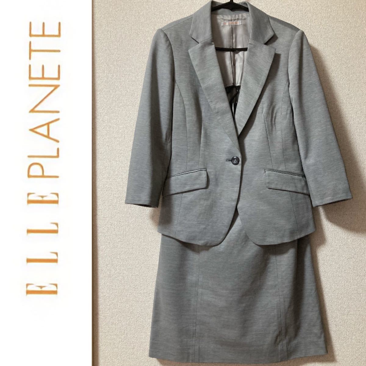 美品☆ELLE PLANETE セットアップスーツ スカートスーツ 3637 グレー 入学式 卒業式 学校行事 ビジネス 通勤拍卖