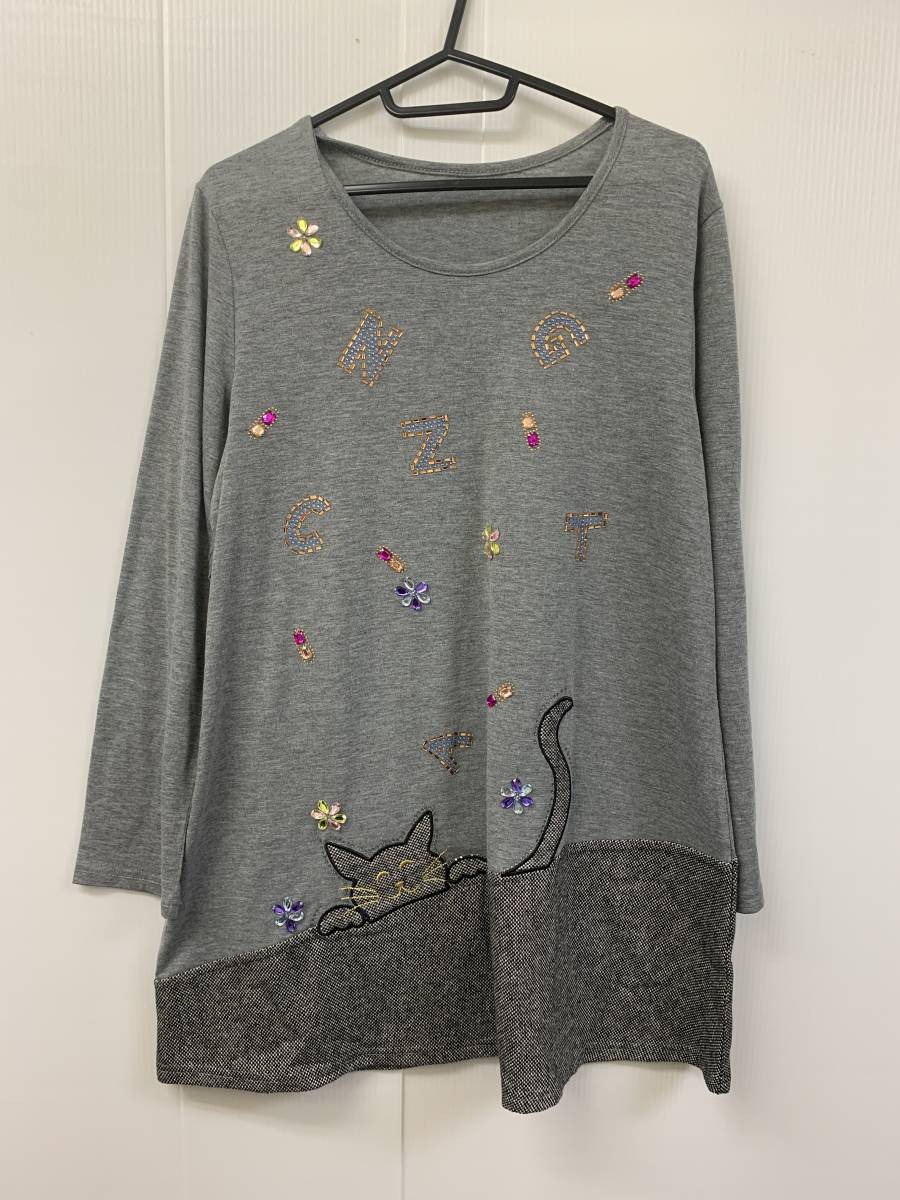 y672★205 zero 長袖カラフルビジュー付きチュニックワンピース 猫  サイズM~L★秋拍卖