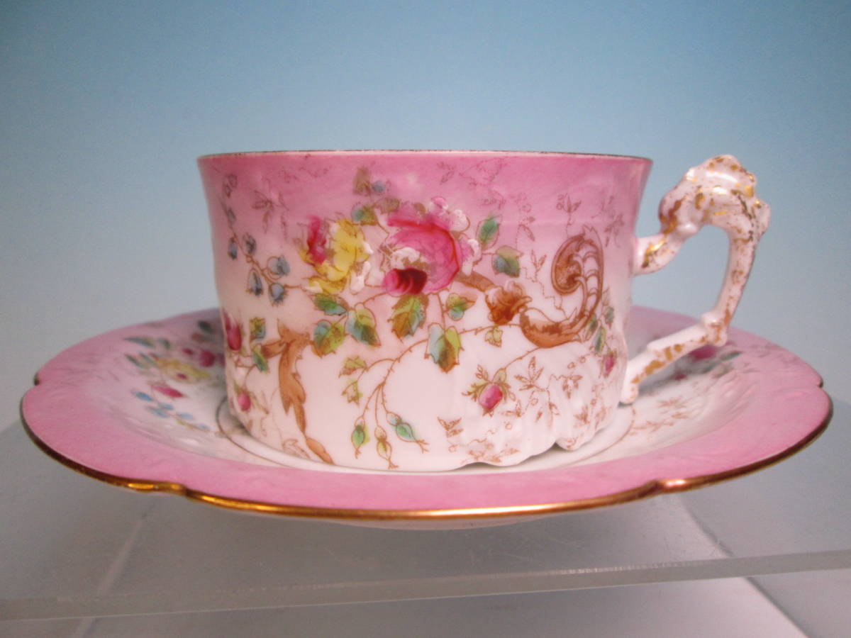 ☆西洋アンティーク・フランス FRANCO・ANGLAISE RUE TURBIGO 78 薔薇文カップ&ソーサー ヴィンテージ拍卖
