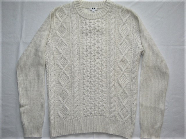 ★古着 2016年 UNIQLO ユニクロ ミドルゲージケーブル クルーネックセーター(長袖) M 01.オフホワイト セーター アクリル85%毛15% メンズ★拍卖