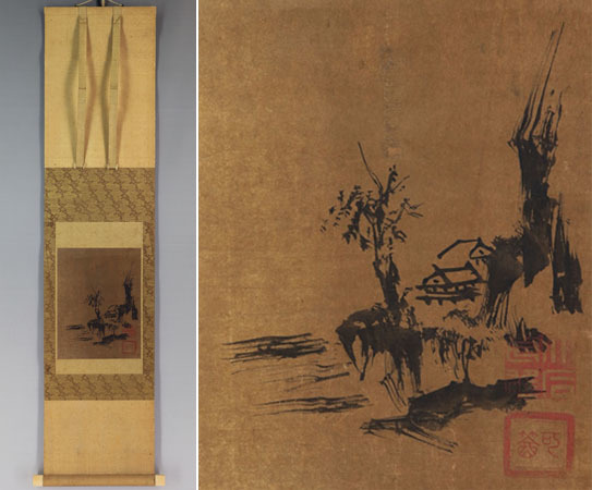 【真作】大石内蔵助【水墨山水図】◆紙本◆識箱◆掛軸 w10068拍卖